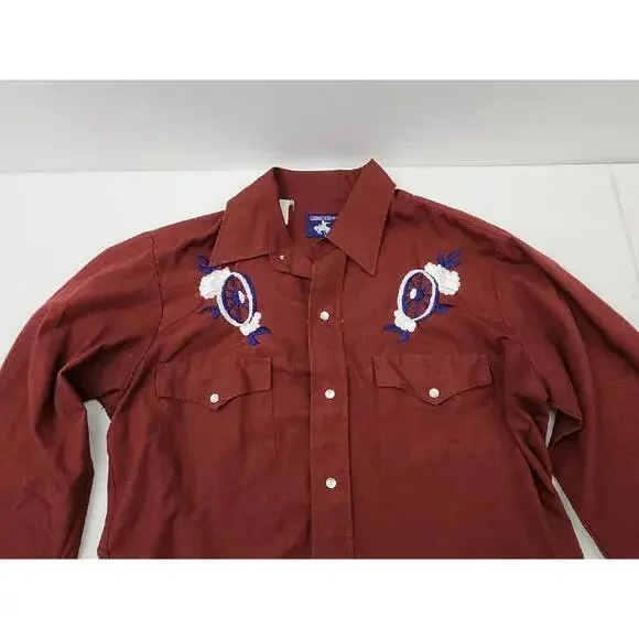 Vintage Men’s Medium Chute Red Maroon Western Pearl Snap Embroidered Wagon Shirt - Picture 3 of 15